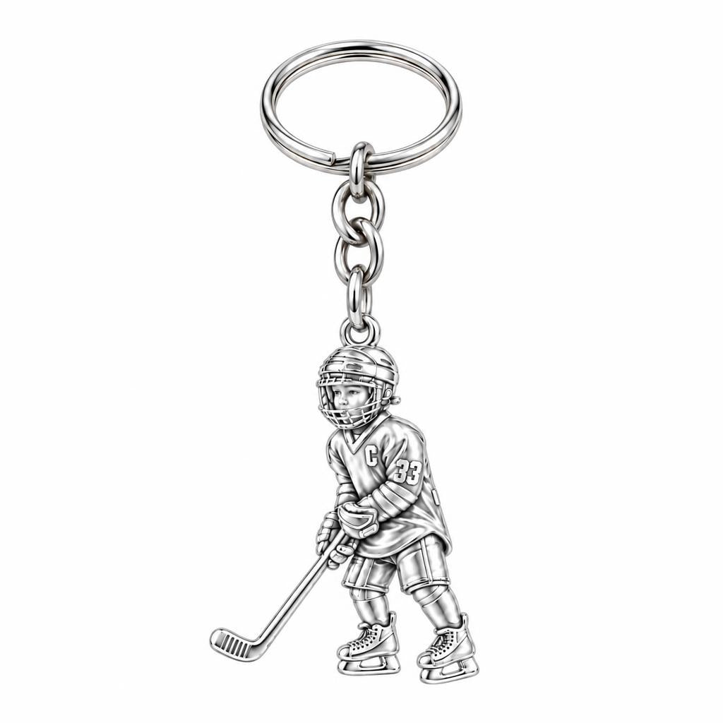 Little MVP Hockey Player Charm Keychain – silver, front view