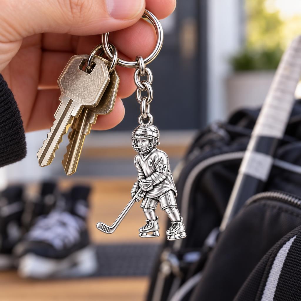 Little MVP Hockey Player Charm Keychain – worn / in use