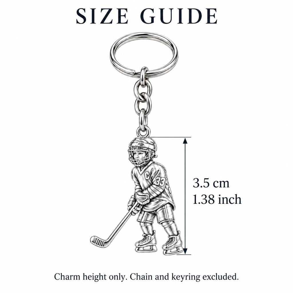 Little MVP Hockey Player Charm Keychain – size guide, 3.5 cm (1.38 in) charm, chain and keyring excluded