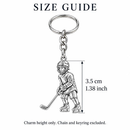 Little MVP Hockey Player Charm Keychain – size guide, 3.5 cm (1.38 in) charm, chain and keyring excluded