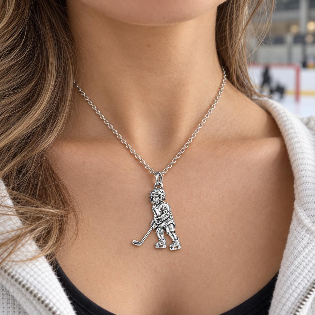 Little MVP Hockey Player Charm Necklace Set – worn / in use