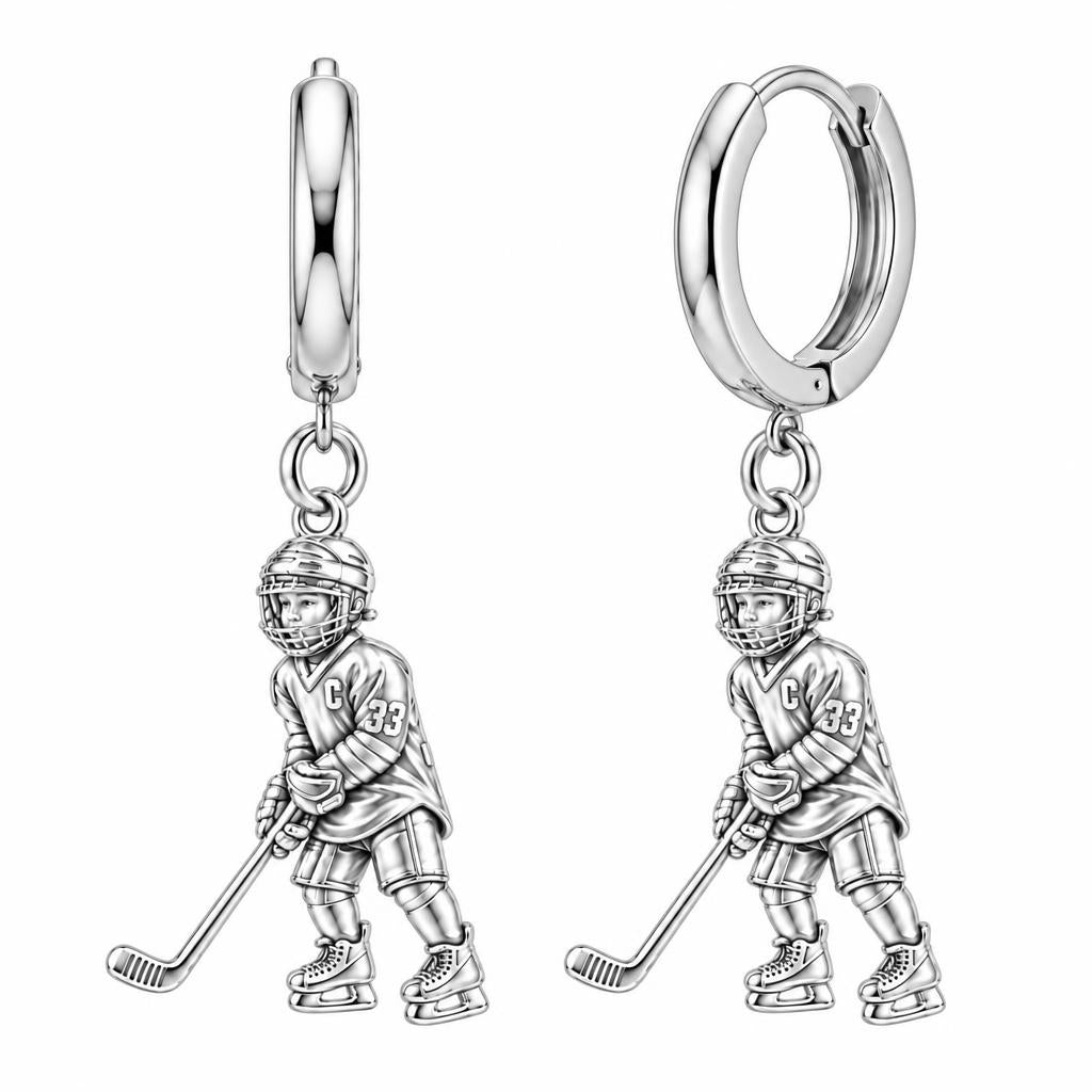 Little MVP Hockey Player Huggie Charm Earrings – silver, front view