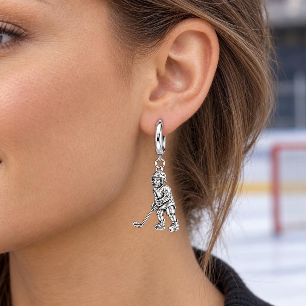 Little MVP Hockey Player Huggie Charm Earrings – worn / in use