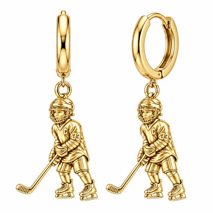 Little MVP Hockey Player Huggie Charm Earrings – 18K gold, front view