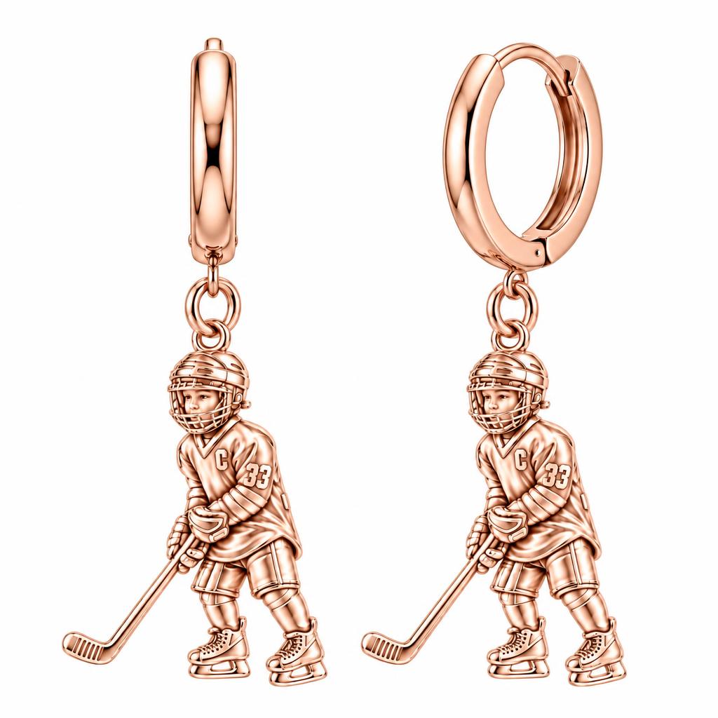 Little MVP Hockey Player Huggie Charm Earrings – rose gold, front view