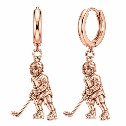 Little MVP Hockey Player Huggie Charm Earrings – rose gold, front view