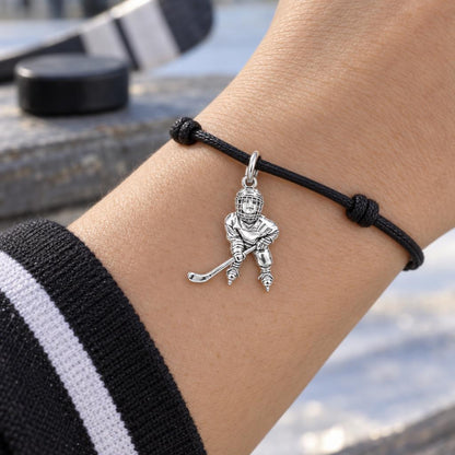 Little MVP Hockey Star Charm Bracelet – Personalized Mom Gift – worn on the wrist on a black cord bracelet