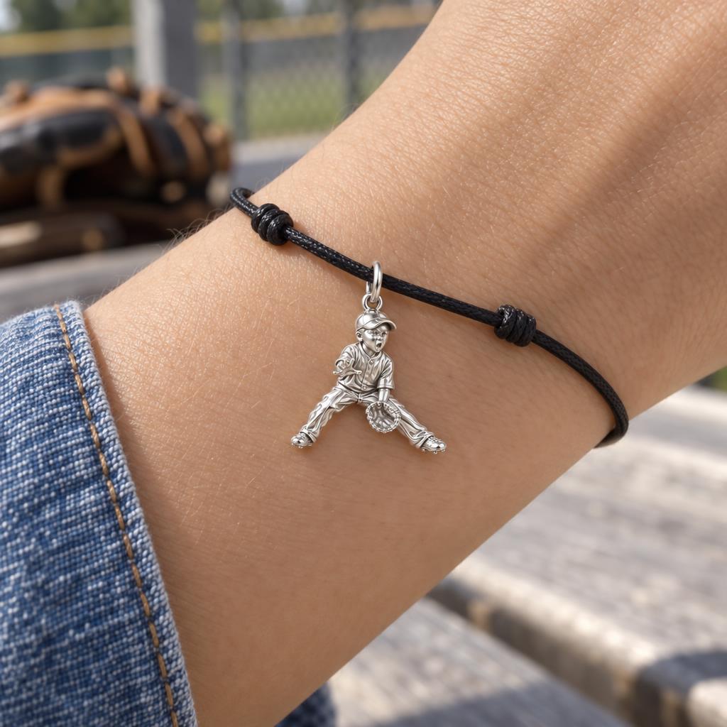 Little MVP In The Field Charm Bracelet – Personalized Mom Gift – worn on the wrist on a black cord bracelet