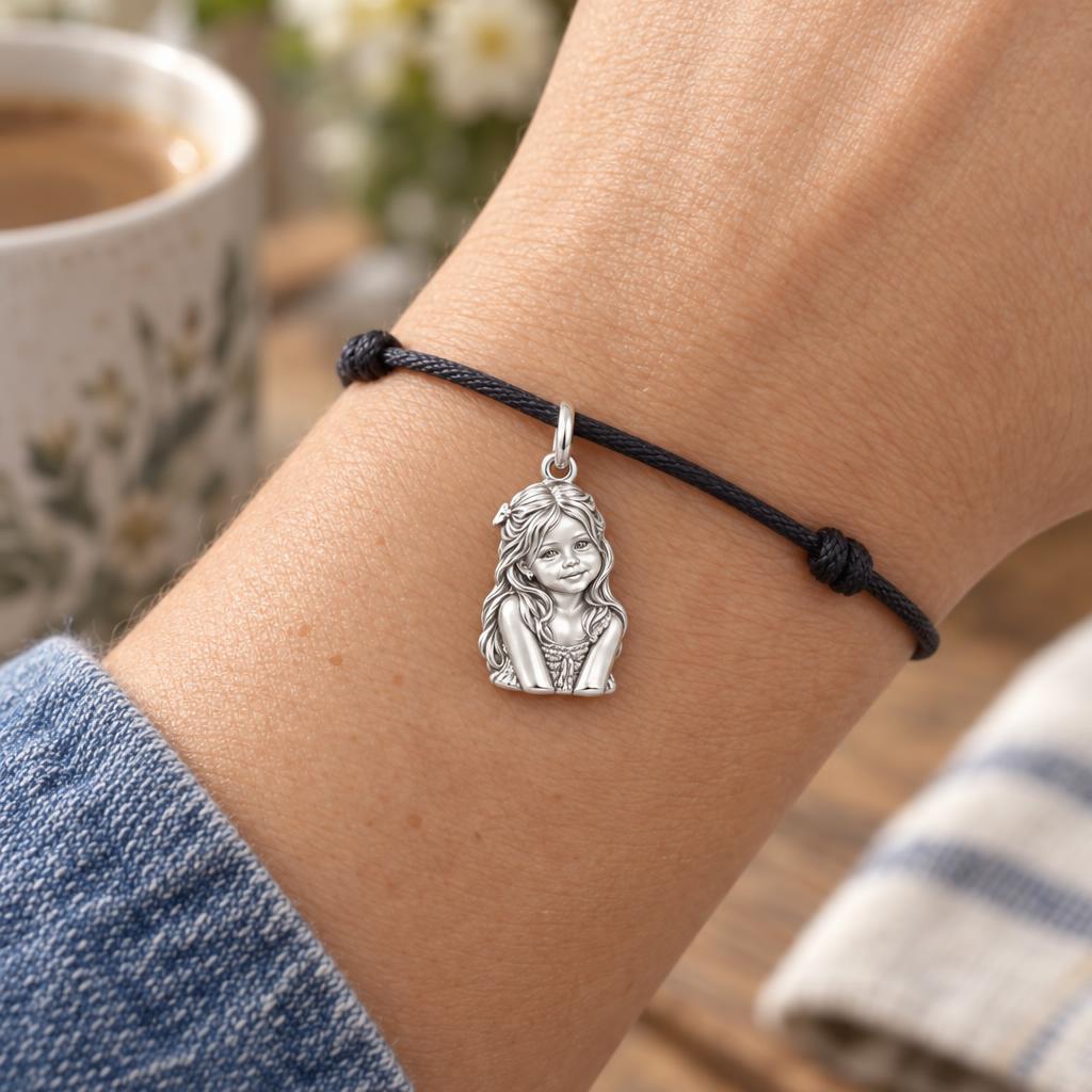 Little One's Smile Charm Bracelet – Personalized Mom Gift – worn on the wrist on a black cord bracelet
