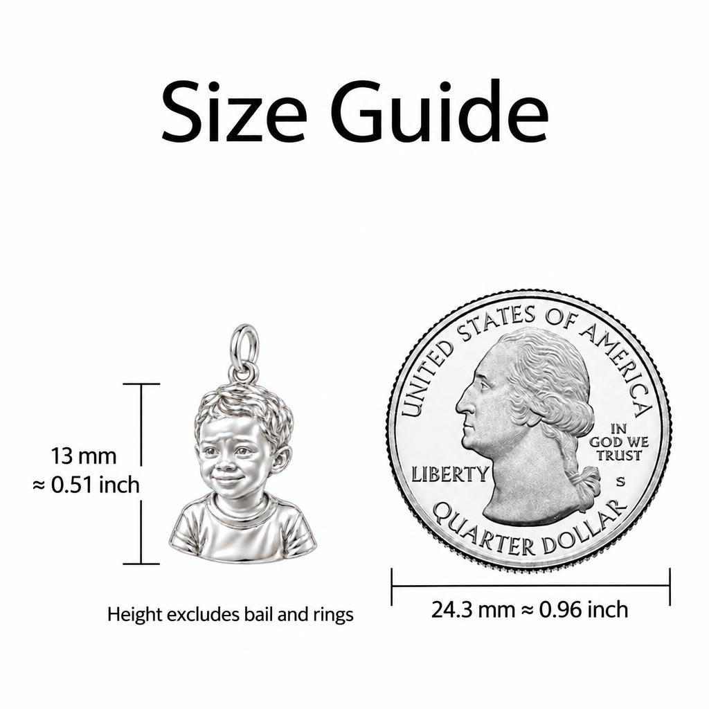 Little One Sculpted Portrait Charm Bracelet – Personalized Mom Gift – size guide, 13 mm charm next to a quarter
