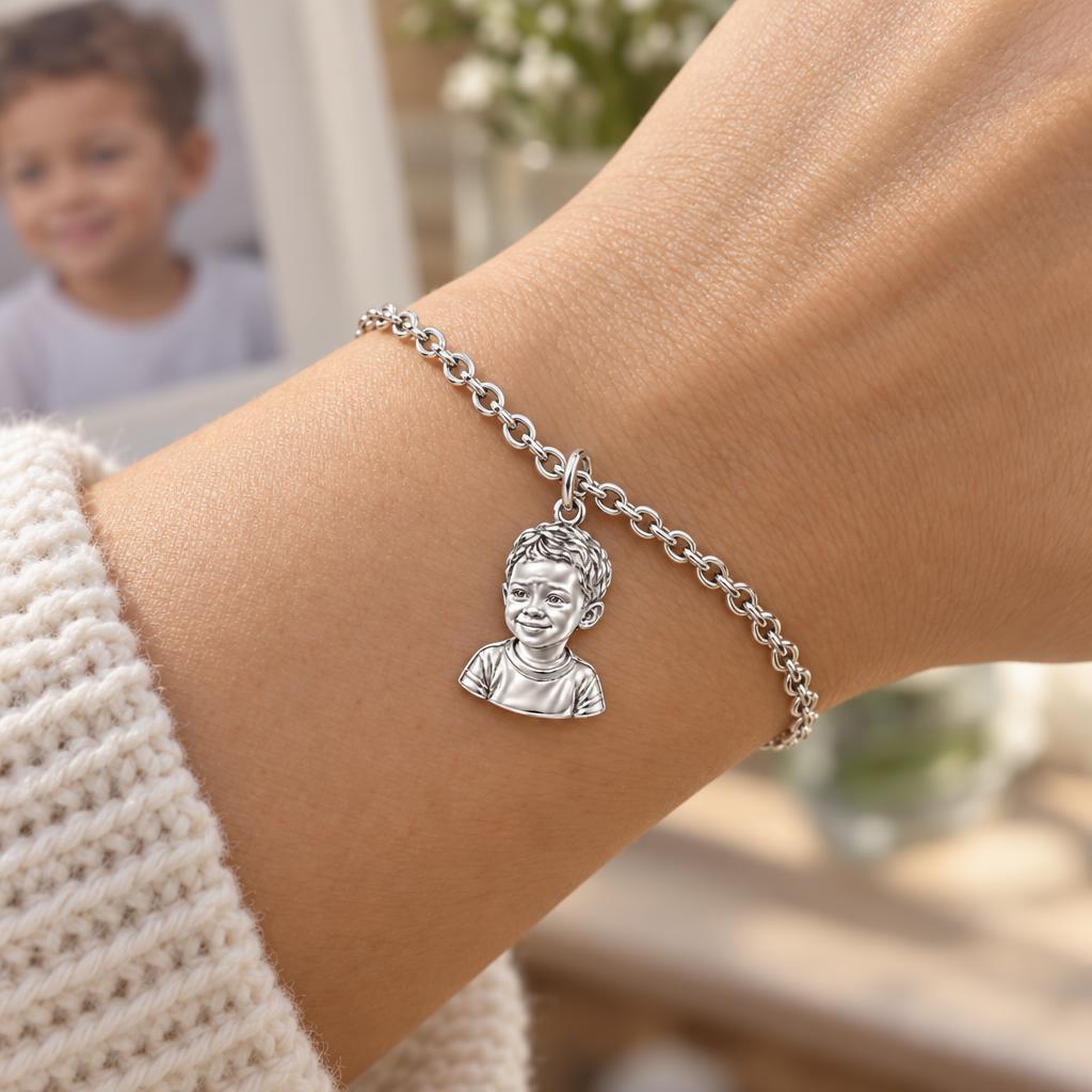 Little One Sculpted Portrait Charm Bracelet Set – worn / in use