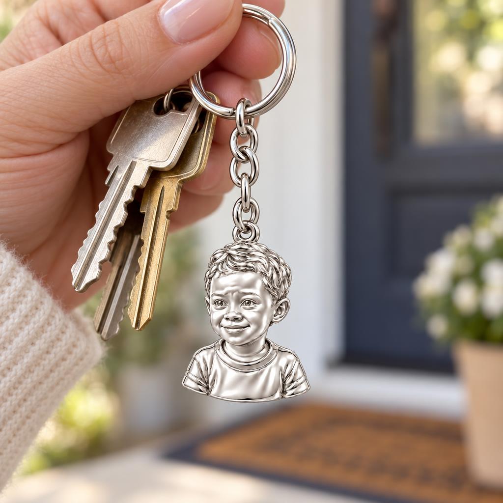 Little One Sculpted Portrait Charm Keychain – worn / in use