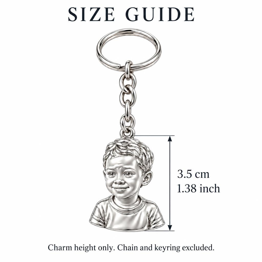 Little One Sculpted Portrait Charm Keychain – size guide, 3.5 cm (1.38 in) charm, chain and keyring excluded