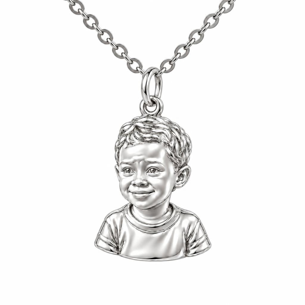 Little One Sculpted Portrait Charm Necklace Set – silver, front view