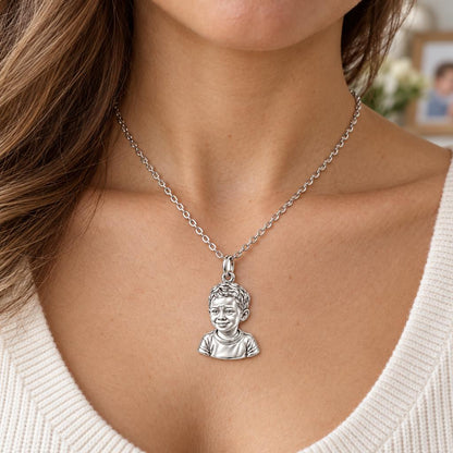 Little One Sculpted Portrait Charm Necklace Set – worn / in use