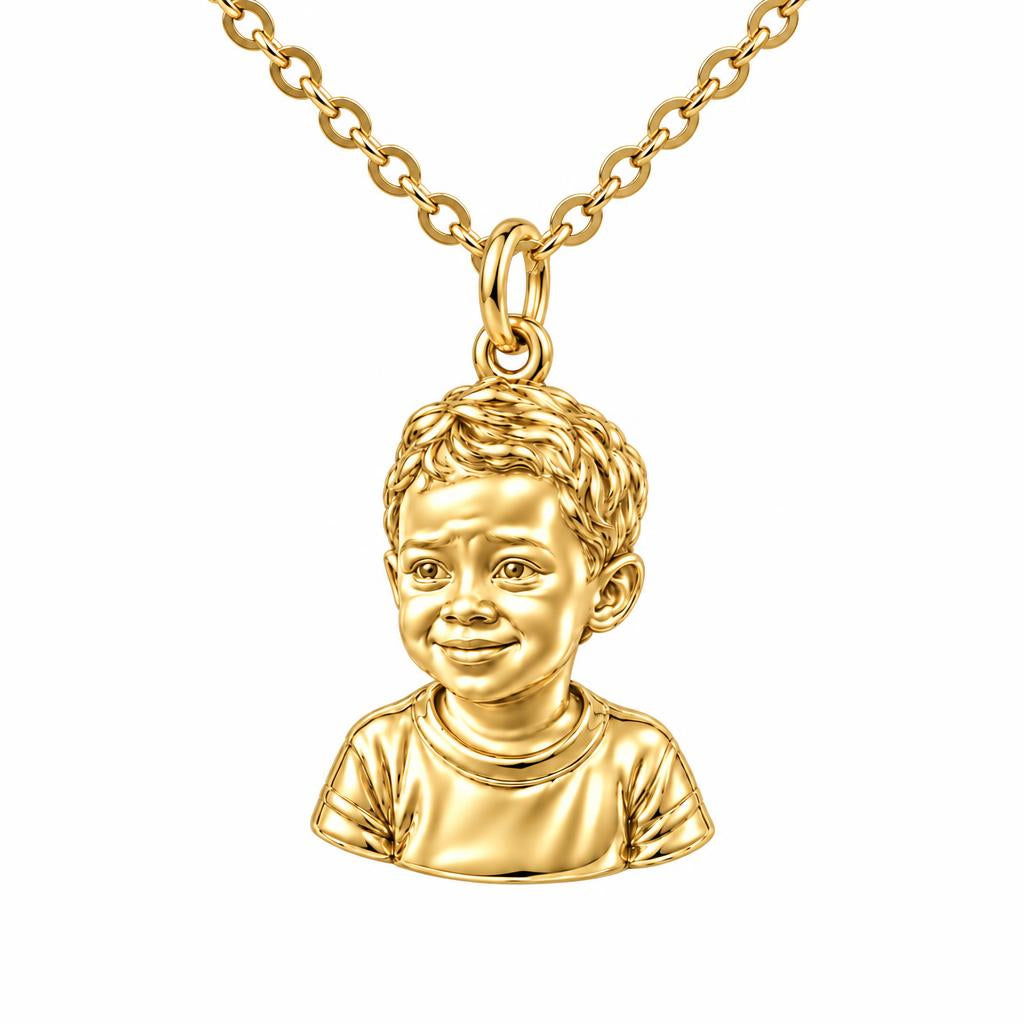 Little One Sculpted Portrait Charm Necklace Set – 18K gold, front view