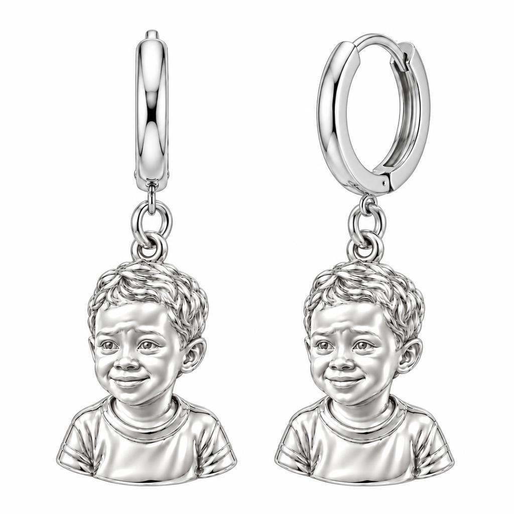 Little One Sculpted Portrait Huggie Charm Earrings – silver, front view