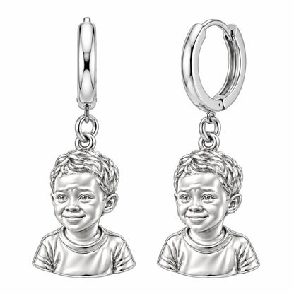 Little One Sculpted Portrait Huggie Charm Earrings – silver, front view