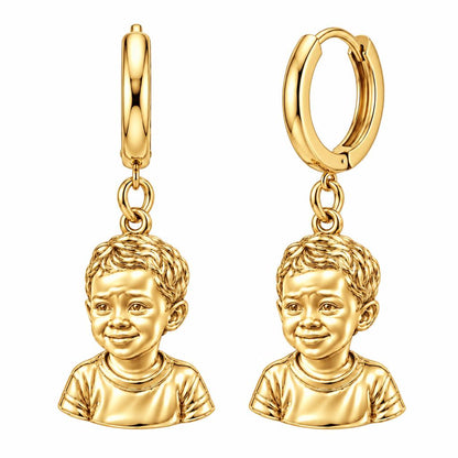 Little One Sculpted Portrait Huggie Charm Earrings – 18K gold, front view