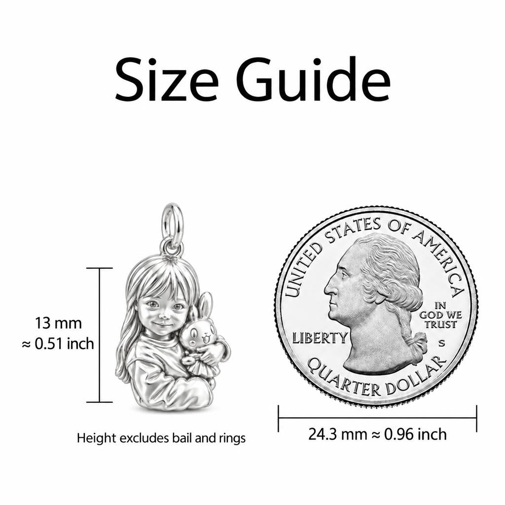 Little One with Bunny Charm Bracelet – Personalized Mom Gift – size guide, 13 mm charm next to a quarter