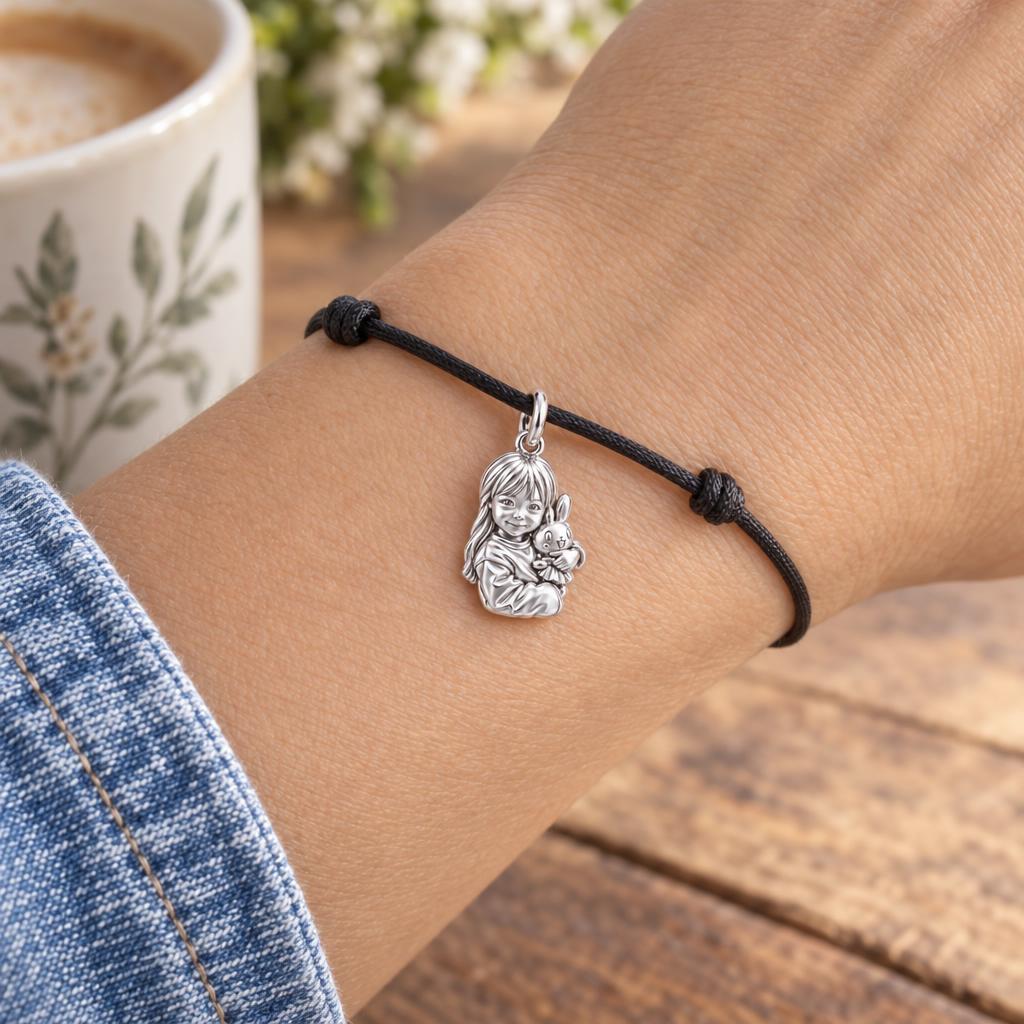 Little One with Bunny Charm Bracelet – Personalized Mom Gift – worn on the wrist on a black cord bracelet