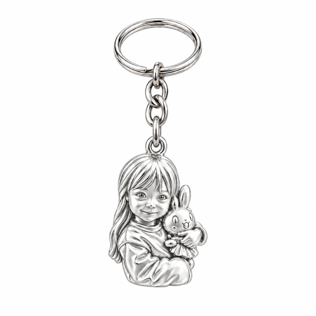 Little One with Bunny Charm Keychain – silver, front view
