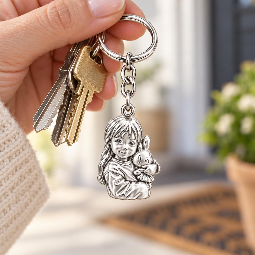 Little One with Bunny Charm Keychain – worn / in use