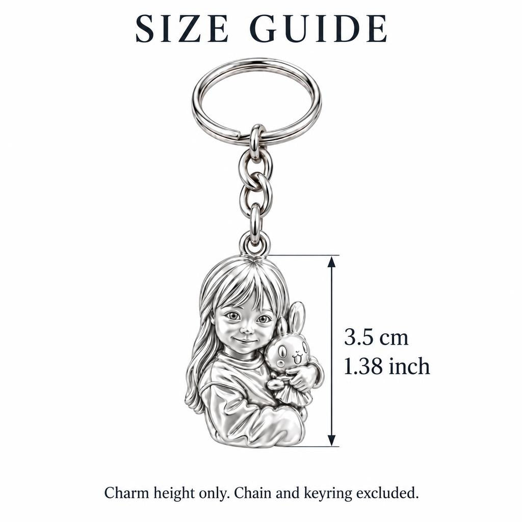 Little One with Bunny Charm Keychain – size guide, 3.5 cm (1.38 in) charm, chain and keyring excluded