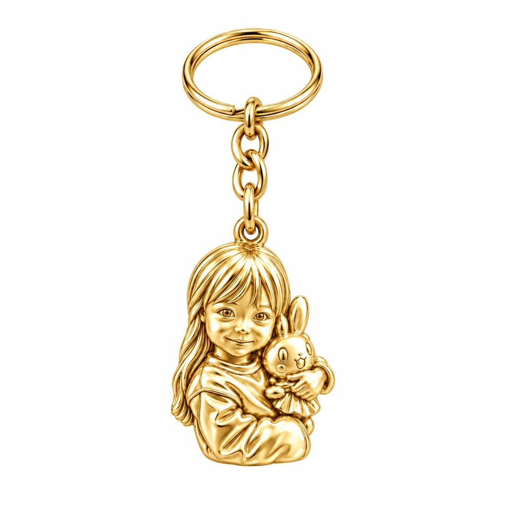 Little One with Bunny Charm Keychain – 18K gold, front view