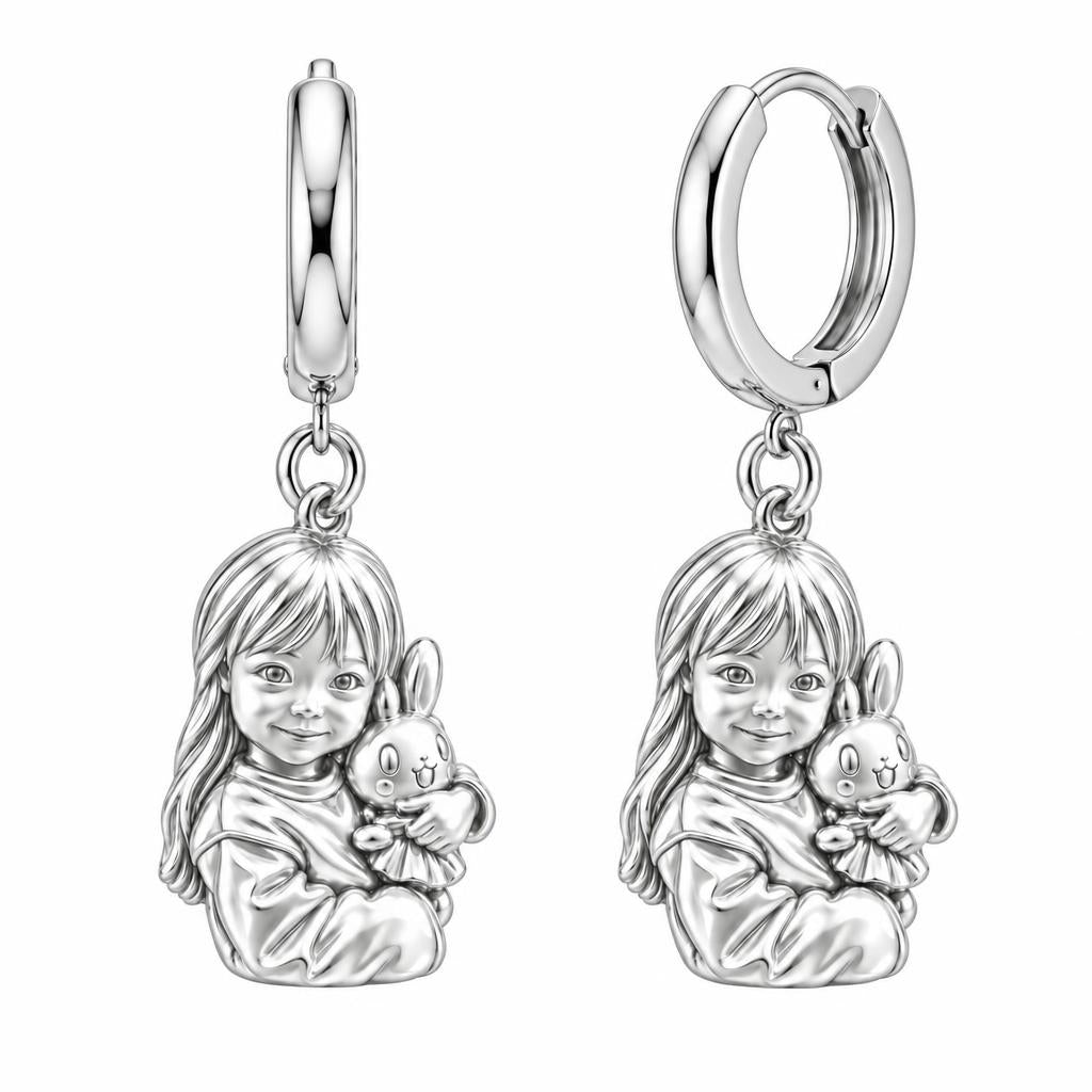 Little One with Bunny Huggie Charm Earrings – silver, front view