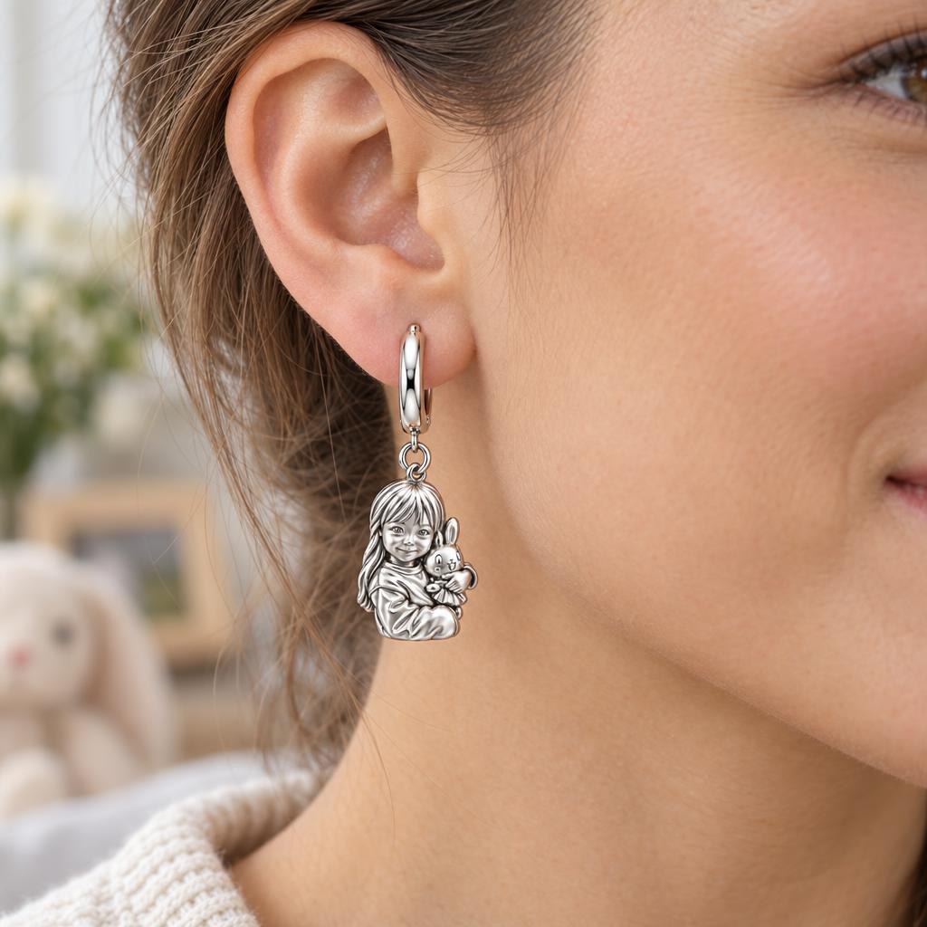 Little One with Bunny Huggie Charm Earrings – worn / in use