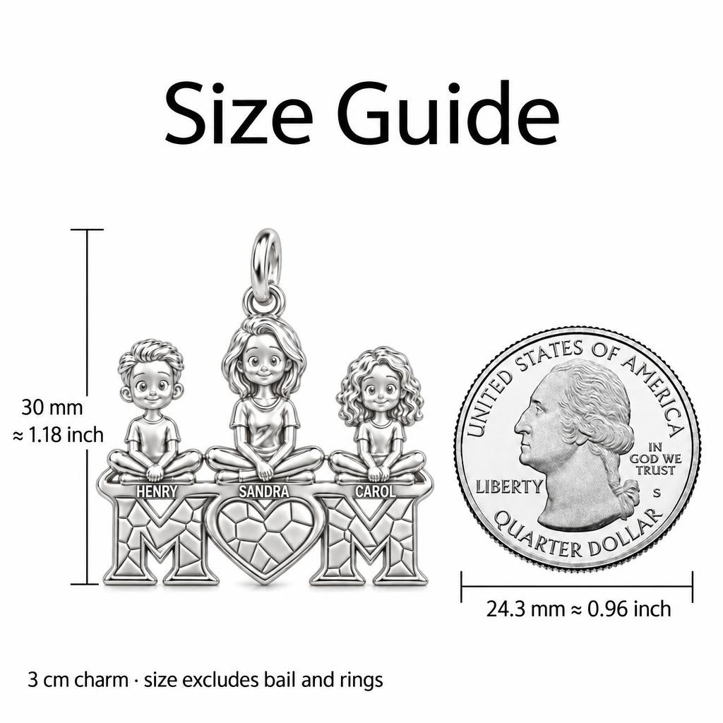 Little Ones Atop Mom Charm Bracelet – Personalized Mom Gift – size guide, 3 cm charm next to a quarter