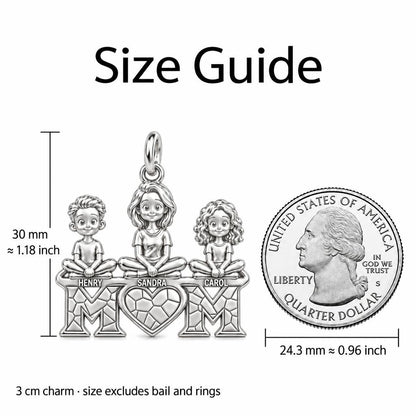 Little Ones Atop Mom Charm Bracelet – Personalized Mom Gift – size guide, 3 cm charm next to a quarter