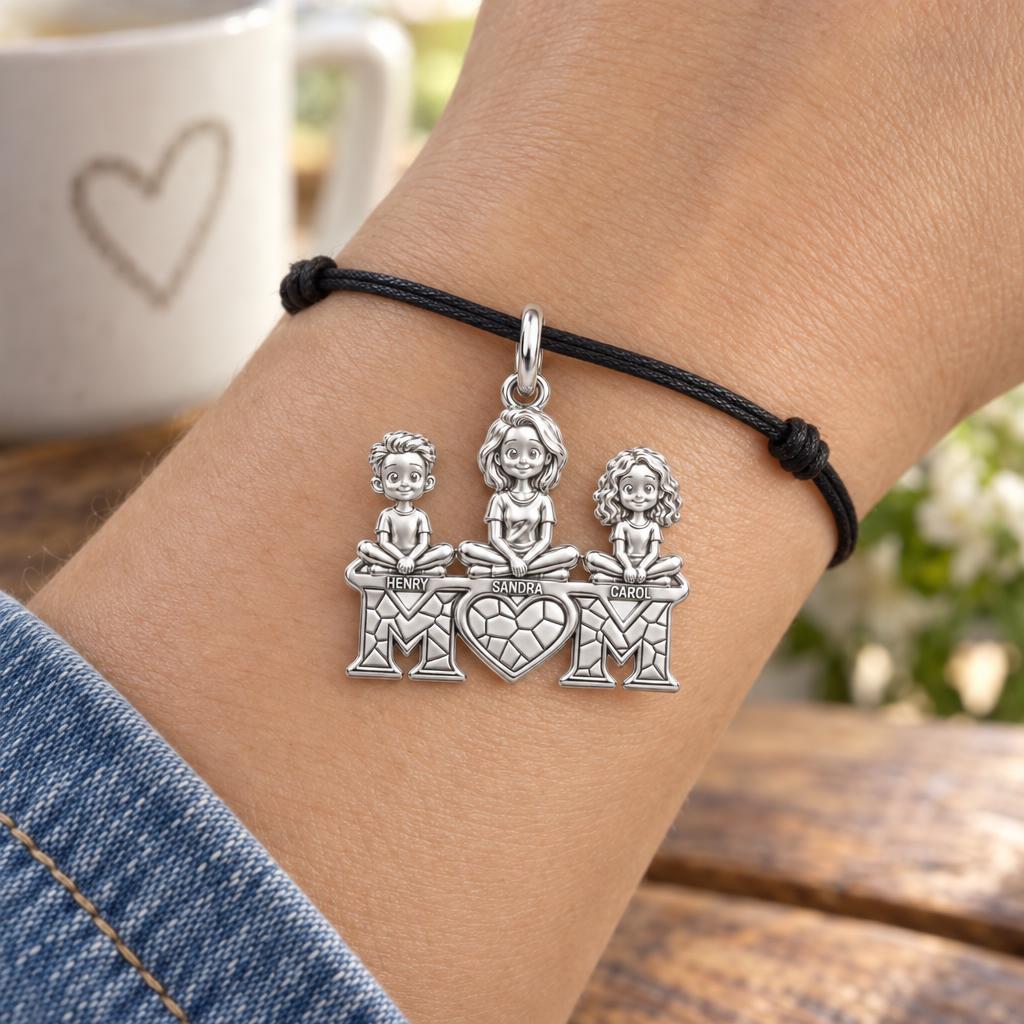Little Ones Atop Mom Charm Bracelet – Personalized Mom Gift – worn on the wrist on a black cord bracelet