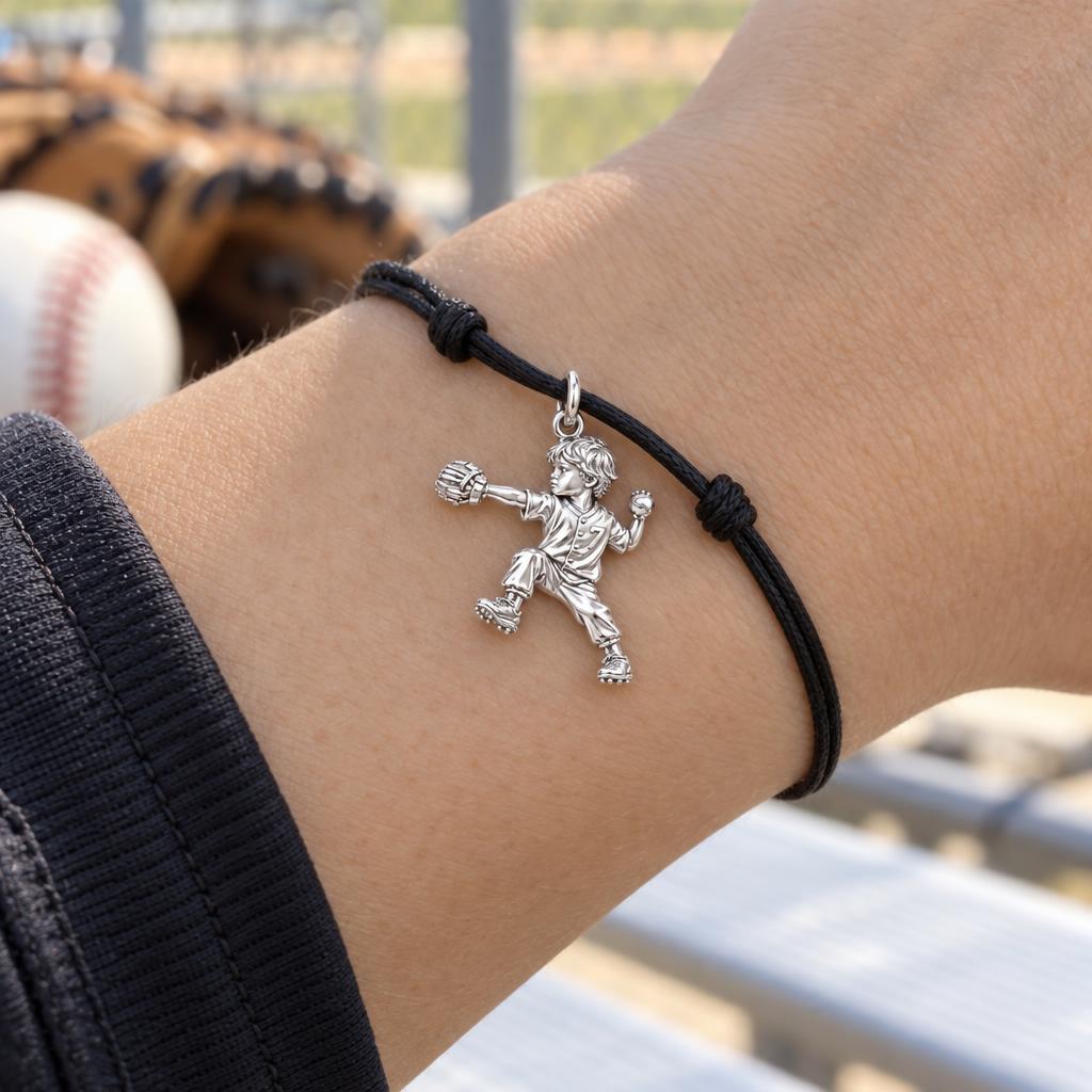 Little Pitcher Charm Bracelet – Personalized Sports Mom Gift – worn on the wrist on a black cord bracelet