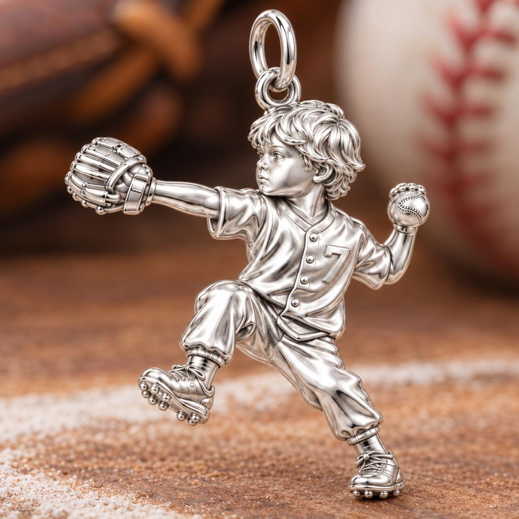 Little Pitcher Charm Bracelet – Personalized Sports Mom Gift – macro detail of the charm