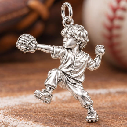 Little Pitcher Charm Bracelet – Personalized Sports Mom Gift – macro detail of the charm