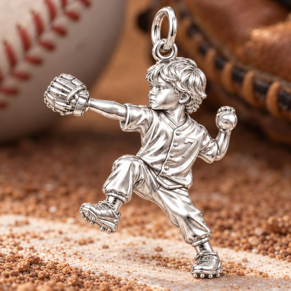 Little Pitcher Charm Bracelet – Personalized Sports Mom Gift – macro detail of the charm