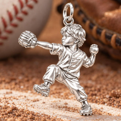 Little Pitcher Charm Bracelet – Personalized Sports Mom Gift – macro detail of the charm