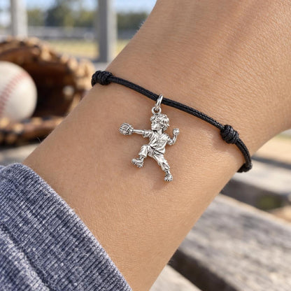 Little Pitcher Charm Bracelet – Personalized Sports Mom Gift – worn on the wrist on a black cord bracelet