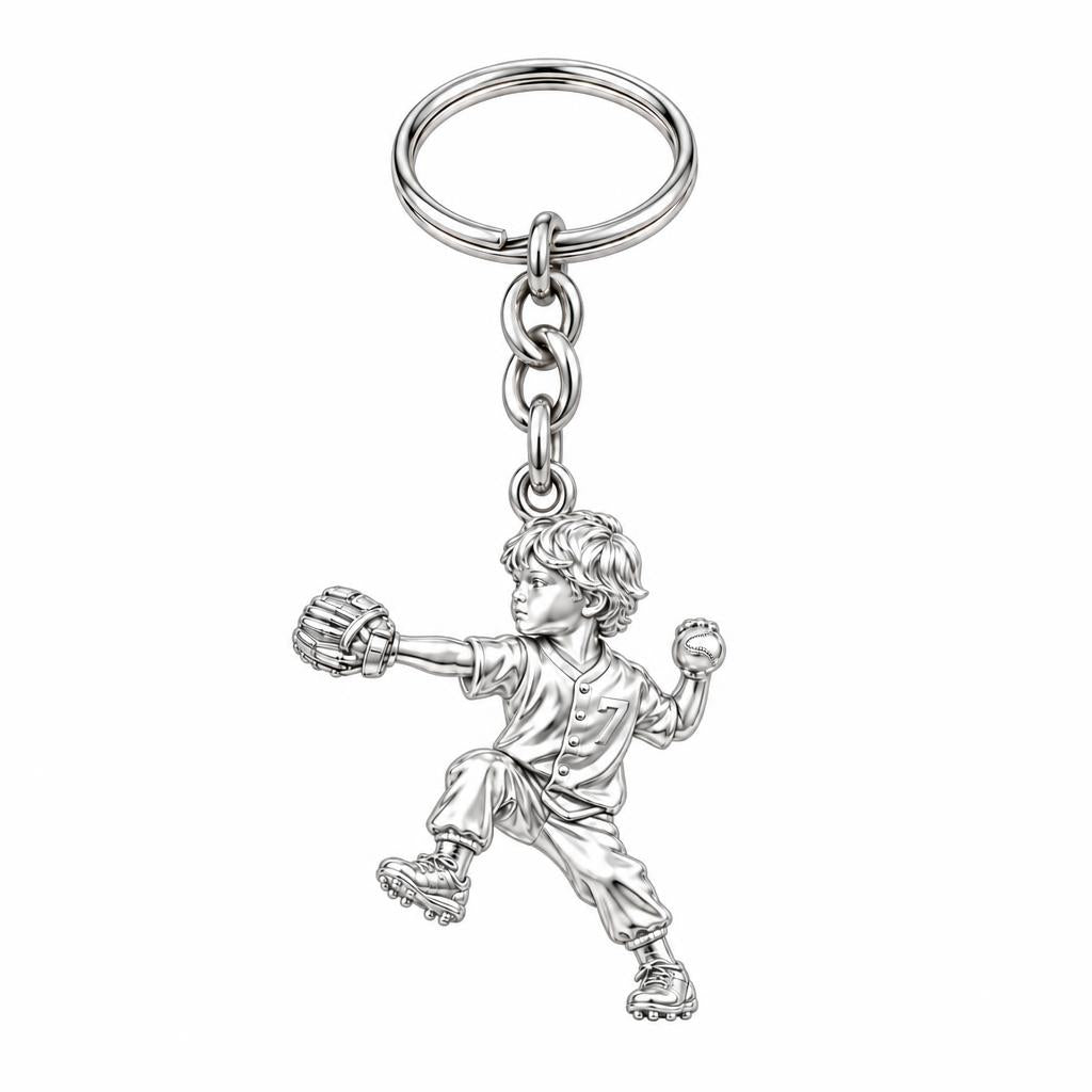Little Pitcher in Motion Charm Keychain – silver, front view