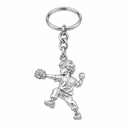 Little Pitcher in Motion Charm Keychain – silver, front view