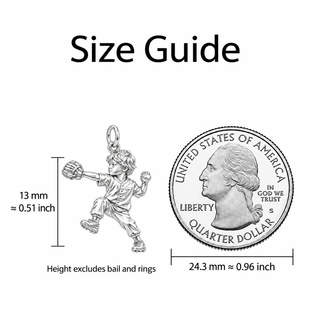 Little Pitcher in Motion Charm Necklace Set – size guide, 13 mm charm next to a quarter