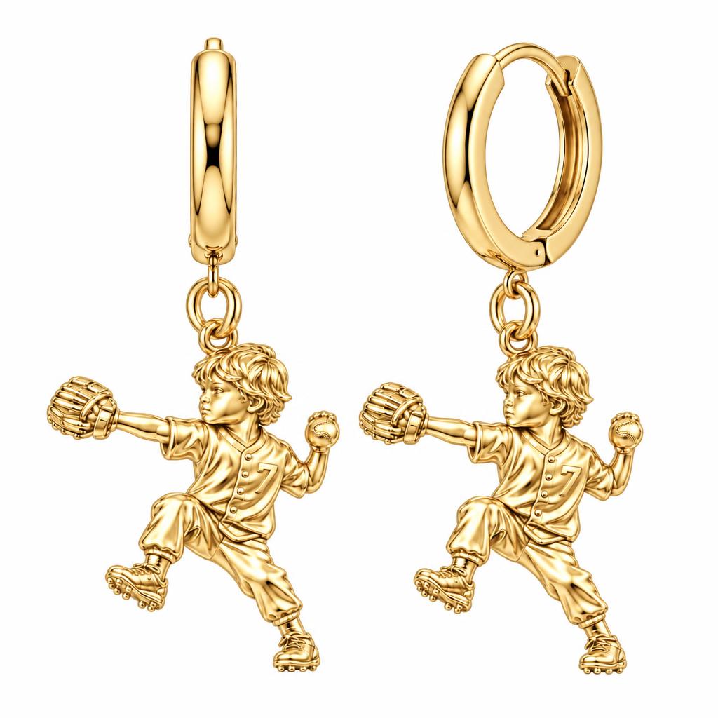 Little Pitcher in Motion Huggie Charm Earrings – 18K gold, front view