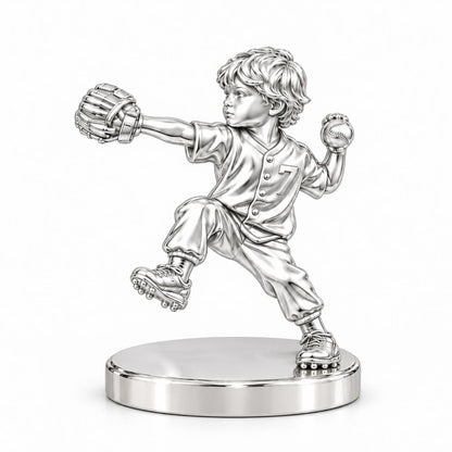 Little Pitcher in Motion Keepsake Plaque – silver, front view