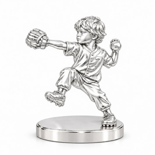 Little Pitcher in Motion Keepsake Plaque – silver, front view
