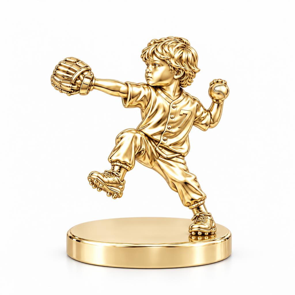 Little Pitcher in Motion Keepsake Plaque – 18K gold, front view