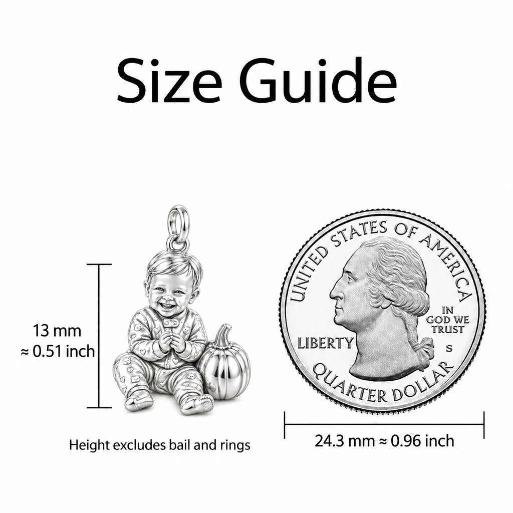Little Pumpkin Charm Bracelet – Personalized Mom Gift – size guide, 13 mm charm next to a quarter