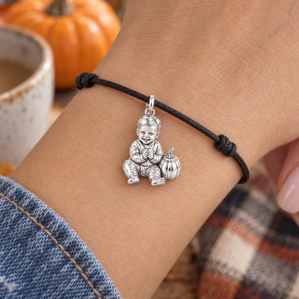 Little Pumpkin Charm Bracelet – Personalized Mom Gift – worn on the wrist on a black cord bracelet