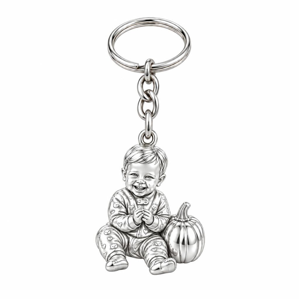 Little Pumpkin First Smiles Charm Keychain – silver, front view